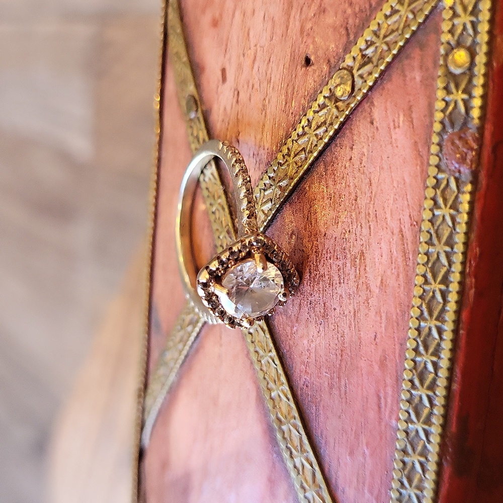Vtg Gold Tone Engagement Ring, Clear Stone Halo Setting Pave Band, Size 4.25 - Picture 6 of 13